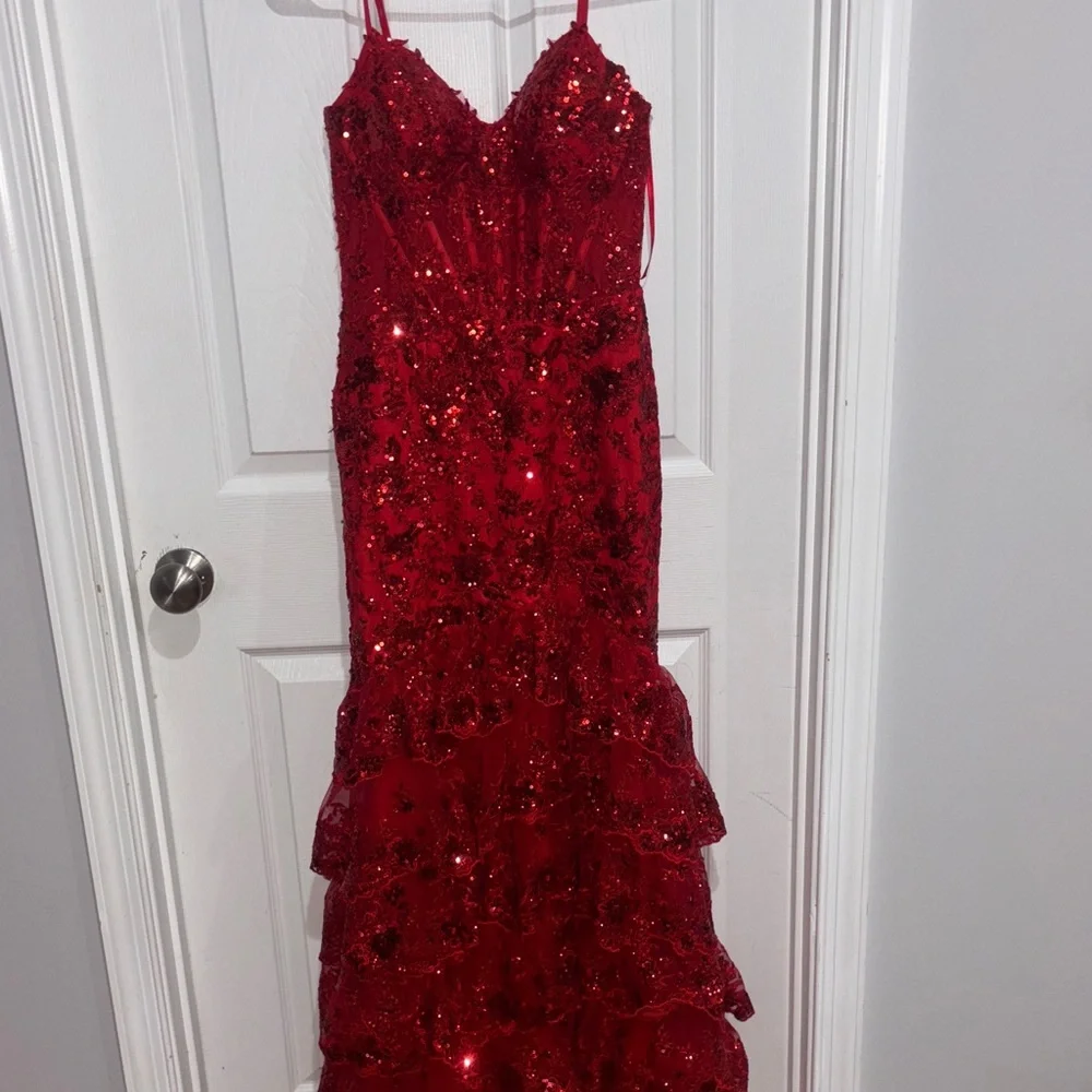 Elegant Red Sequin Prom Dress - Picture 6 of 6